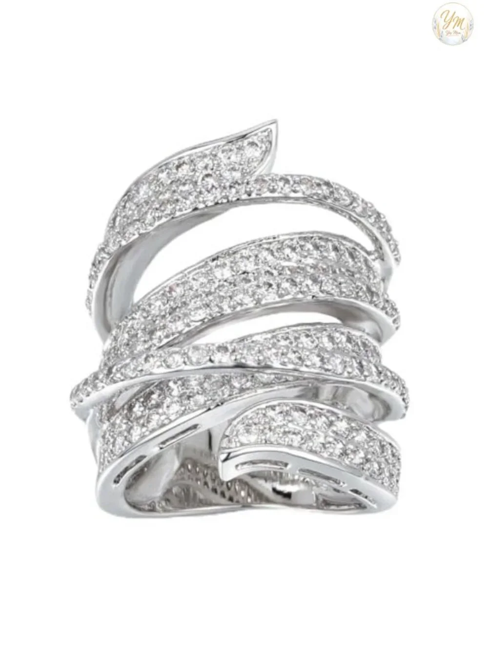 Rhodium Plated Cubic Zirconia Wide Band Cocktail Ring Size 9